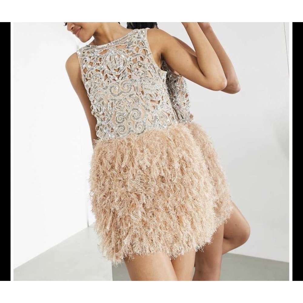 ASOS Silver Beaded Top with Champagne Feathered Mini Skirt